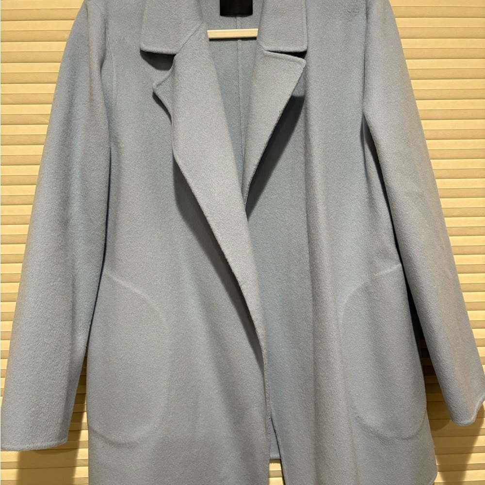 Theory Pale Blue Open-Front Wool-Blend Trench Coat